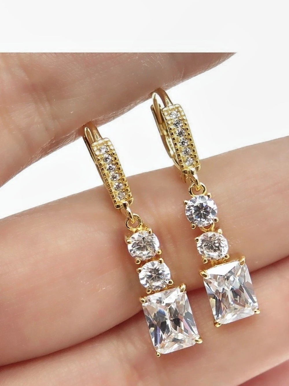 925 Sterling Silver Gold Plated Radiant & Round-Cut C Z Dangling Earrings